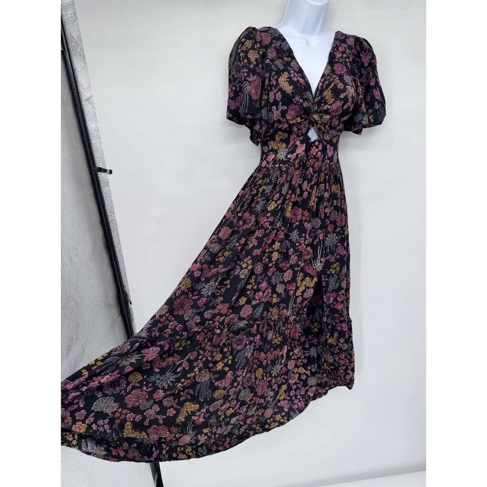 ANGIE Boho Floral Smocked Dress Festival front slit babydoll bloomcore cottage M - Picture 12 of 14